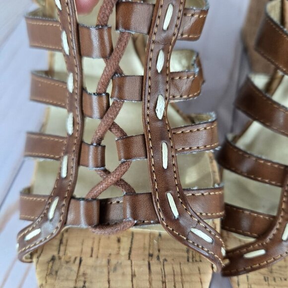 Guess brown leather gladiator lace up slingback cork platform wedges size 9M - Picture 6 of 11